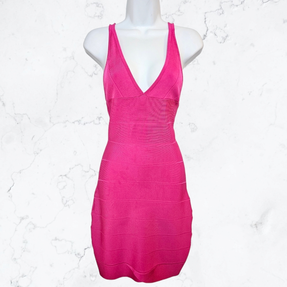 Herve Leger Designer Bright Pink Deep V Iconic Bandage Dress